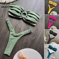 2 Cái / bộ Bộ Bikini Nữ Gợi Cảm Xếp Ly Màu Trơn Bandeau Áo Ngực Cao Cấp Quần Đùi Bơi Bộ Đồ Bơi Đi Biển