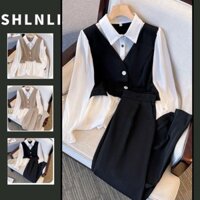 2 Cái / bộ Nữ Phong Cách Hàn Quốc Áo Sơ Mi Giả Hai Mảnh Quần Thẳng Thường Ngày Bộ Đồ Hai Mảnh