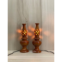 2 Cây đèn bàn thờ gỗ tổ ong 26cm - Đèn bàn thờ gỗ thấp nâu tràm