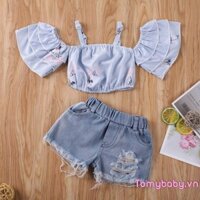 2 Chiếc Bé Gái Mùa Hè Set Off Vai Hoa Ruffle Crop Tops + Rách Quần Short Denim Trang Phục