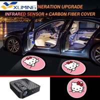 2 Chiếc Đèn LED Cửa Ô Tô Hello Kitty Sợi Carbon Hồng Ngoại Không Dây Chào Mừng HD 3D Logo Chiếu