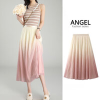 [2 mặt] ANGEL Váy midi nữ thời trang Màu gradient co giãn Hàn Quốc eo cao chữ A màu hồng mỏng váy xếp ly lớn váy bánh dài dành cho nữ