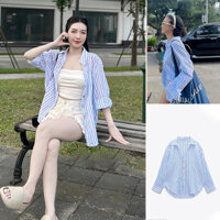 (2 MÀU) ÁO SƠ MI ZARA XUẤT DƯ TUỒN OVERSIZE CỔ V KẺ SỌC MÀU XANH TRẮNG - 8351/023