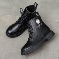 (2 màu) Bôt  Nữ Giầy Cao Cổ Uzzang Da Trơn Hoa Cúc Siêu Hot