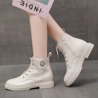 (2 màu)Giầy Nữ Cao Cổ Bốt Da Trơn Hoa Cúc Siêu Hot 2020