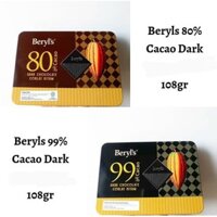 (2 vị) Dark Chocolate Beryl's đắng hộp thiếc 108gr socola đen đắng nguyên chất (80% & 99% )