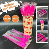 [200 CÁI] muỗng nhựa dùng 1 lần, muỗng nhựa dài màu Hồng bọc màng, thìa nhựa trà sữa, muỗng nhựa cán dài 20cm