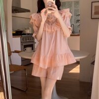 200_ Váy ngủ nữ, pijama ngắn tay cotton màu hồng cổ ren bèo | Hàng QCCC | 9scat