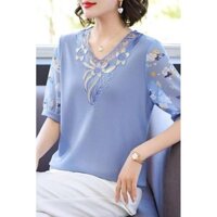 2015 Mẹ Mặc Áo Thun Nữ Tay Ngắn Trung Niên Ice Silk Top 2025 Người Cao Tuổi Trung Niên Phong Cách Phương Tây Dệt Kim