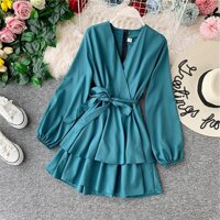 2019 Mùa Thu Mới Tính Khí Cổ Chữ V Đèn Lồng Dài Tay Cao Cấp Ren Cung Jumpsuit Lá Sen Mảnh Quần Váy