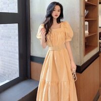 2022 Thời trang nữ mới, đầm retro Pháp màu cam, đầm tình yêu đầu tiên, tay phồng, cổ vuông, đầm giảm eo