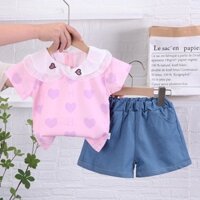 2023 Bộ Quần Áo Mùa Hè Dễ Thương Cho Bé Gái In Hình Ren Cổ Áo + Quần Short Denim Trang Phục 1 2 3 4 Tuổi Trẻ Em Đầm Công Chúa
