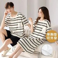2023 Cặp Đôi Bộ Đồ Ngủ Cotton Nguyên Chất Tay Ngắn Phong Cách Hàn Quốc Nam Nữ Lót Váy Ngủ Sọc Homewear Phù Hợp Với 3.18