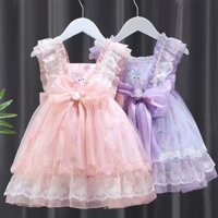 2023 mới màu hồng đầm bé gái Lolita Đầm công chúa ren trẻ em Đầm ngắn tay mùa hè