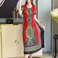 2023 Phong Cách Mới Nữ Mùa Hè Plus Size Phong Cách Chanel Xếp Ly Màu Sắc Tương Phản Đầm In Phong Cách Phương Tây Cổ Tròn Ôm Hơn Nhìn Ngắn Tay