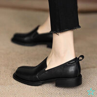 2023 Phong Cách Mới Phù Hợp Với Giày Da Thấp Gót Slip-On Dây Co Giãn Giày Dày Gót Phiên Bản Hàn Quốc Giày Mũi Vuông Giày Loafer Nữ