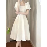 2023 Summer New White Large Swing Long Dress with Square Neck and Waist Wrap to Show Thin Temperament Jacquard Dress