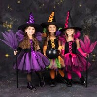2023 trang phục phù thủy ngụy trang cho bé gái halloween tutu knee dress with hat broom pantyhose kids carnival cosplay party outfit set