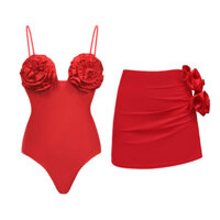2024 Bikini Màu Đỏ Một Mảnh Đồ Bơi Nữ Hoa + Váy Đi Biển