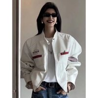 2024 Đầu Thu Phong Cách Mới Mỹ Retro Cao Cấp Da Trắng Áo Khoác Nam Nữ Dạo Phố Cao Cấp Niche Xe Máy Phù Hợp Với