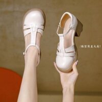 2024 Dép Sandal La Mã Mới Dành Cho Nữ Gót Cao Đế Mềm Giày Lồng Lợn Retro Mũi Tròn Dép Một Dây Đóng Mũi Đa Năng