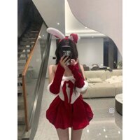 2024 Giáng Sinh Trobe Bốn Mảnh Bộ Giáng Sinh Thỏ Người Yêu Nhung Nơ Ngọt Phù Hợp Với Ống Top Đầm Váy Ngắn