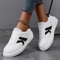 2024 Giày Sneaker Nữ Thời Trang Thoải Mái Trắng Lưu Hóa Nền Tảng Đế Bằng Cột Dây Mũi Tròn Xuân Thu Cho Giải Trí