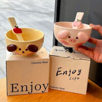 2024 mẫu mới Set bát thìa bằng sứ cao cấp hình heo cún dễ thương kèm hộp quàMiễn phí vận chuyển