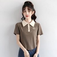 2024 Màu Nâu polo Cổ Áo Thun Nữ Tay Ngắn Thêu Mỹ Retro Mỏng Hơn Nhìn Ngắn Ve Áo Top 2024 Màu Nâu polo Cổ Áo Thun Nữ Tay Ngắn Thêu Mỹ Retro Mỏng Hơn Nhìn Ngắn Ve Áo Top 3.13