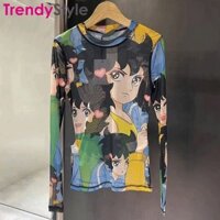 2024 Mới Jennie Cùng Phong Cách Thời Trang In Hình Hoạt Hình Top Đáy Lưới Trong Suốt Áo