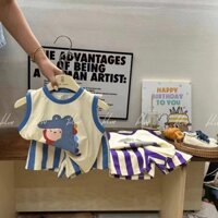 2024 Mới Phiên Bản Hàn Quốc In Hình Cá Sấu Áo Vest Cho Bé + Quần Short Sọc Bộ Hai Mảnh
