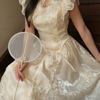 2024 mùa thu phong cách Trung Quốc mới mặt trăng chim sơn ca công nghiệp nặng cải tiến phong cách mới sườn xám khí chất thêu khóa váy