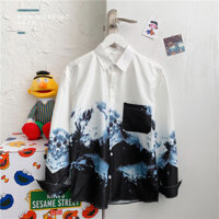 2024 nam mới xuân thu Mỹ nhuộm cà vạt thời trang dáng rộng phiên bản Hàn Quốc mực nhuộm họa tiết phong cảnh dáng rộng giản dị hoa Thái Hawaii đi biển chống nắng áo sơ mi dài tay