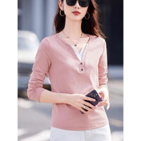2024 Nhỏ Cổ Chữ V Nút Áo Thun Dài Tay Nữ Phong Cách Thu Đông Slim-Fit Slim Hơn Nhìn Sang Trọng Bên Trong Phong Cách Phương Tây Top 1