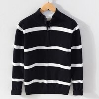 2024 Nửa Cổ Rùa Cardigan Dây Kéo Đen Trắng Sọc Áo Len Nam Thu Đông Áo Len Nam Đáy Swe