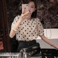 2024 Phong Cách Mới Tay Phồng Chấm Bi Áo Sơ Mi Voan Nữ Mùa Hè Phiên Bản Hàn Quốc Tay Ngắn Phong Cách Hàn Quốc Hàng Đầu