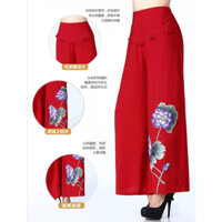 2024 Phong Cách Mới Xuân Hè Hoa Sen Thêu Vải Lanh Cotton Thoải Mái Thời Trang Sang Trọng Quần Nhảy Múa Rộng Quần Eo Cao Quần Nữ