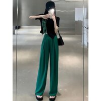 2024 Phong Cách Mỏng Màu Sắc Tương Phản Ngắn Top Nữ Cao Cấp Drape Quần Ống Rộng Bộ Đồ Hai Mảnh