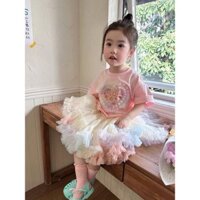 2024 Phong Cách Mùa Hè Váy Bé Gái Phong Cách Công Chúa Siêu Cổ Tích Nửa Chiều Dài tutu Váy Pettiskirt Hợp Thời Trang Phong Cách Mới Váy Ngắn Tay❥3.21