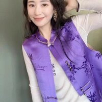 2024 Phong Cách Trung Hoa Độc Đáo Mới Đẹp Áo Vest Nút In Màu Tím