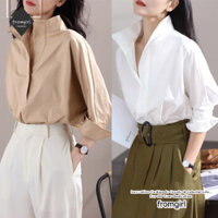 2024 Pre-Fall Mới Cotton Ba Phần Tư Tay Áo Sơ Mi Nữ Rời Đứng Cổ Áo Sơ Mi Trắng Thời Trang Top Nữ