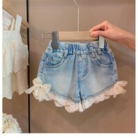 2024 Quần Áo Trẻ Em Trung Nhỏ Trẻ Em Ren Nơ Quần Short Denim