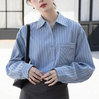 2024 Real Shot Nhung Sọc Miếng Dán Bỏ Túi Áo Mùa Thu Phong Cách Mới Thiết Kế Rời Áo Sơ Mi Dài Tay IKMX