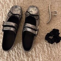 2024 Retro Mỏng Giày Mỏng Bạc Mảnh Ba Lê Bẩn Bẩn Bạc Ballet Nữ Giày Đế Bằng