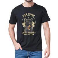 2024100% Cotton Black Cat Eat Pussy Chug Whiskey Hail Satan Vintage Men's Short Sleeve T-Shirt Funny Soft Top Tee Gift