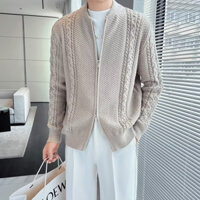 2025 Áo khoác nam cardigan nam dáng rộng phối rách phong cách hàn quốc áo len thời trang thu đông màu trơn áo len nam cổ tròn dài mới thường ngày đơn giản