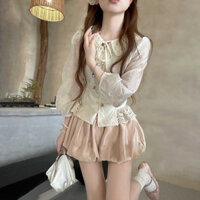 2025 Áo sơ mi ngọt ngào dễ thương kiểu Lolita mới với trang trí 3D và bộ quần phồng hai mảnh cho bé gái