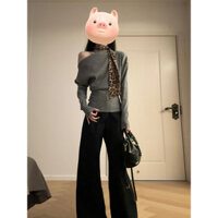 2025 Áo thun nữ kiểu dáng mới, phong cách Hàn Quốc, sọc, trễ vai, không đối xứng, tay dài, ôm eo, giảm cân