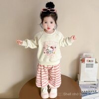 2025 Bộ áo len Hello Kitty mới cho bé gái mùa xuân và mùa thu, bộ hai mảnh cho trẻ em và trẻ nhỏ, bộ quần áo len sọc cho bé gái