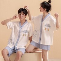 2025 Bộ đồ ngủ cặp đôi cardigan cổ V mới, cotton mùa hè, thời trang Hàn Quốc, bộ tay ngắn cho nam và nữ